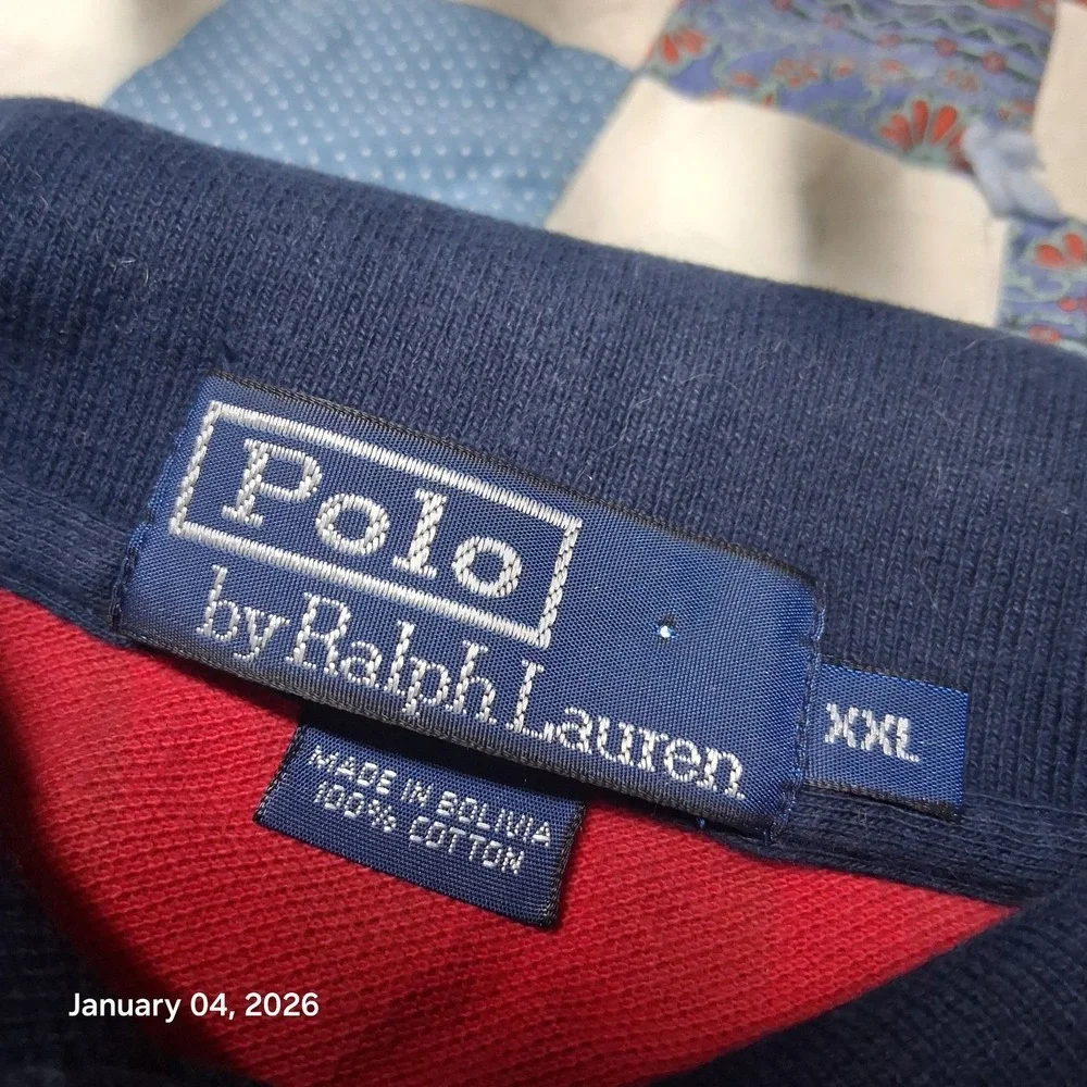 VTG Polo by‎ Ralph Lauren Shirt Size 2XL Red Blue Striped Cuffed Sleeve Pony